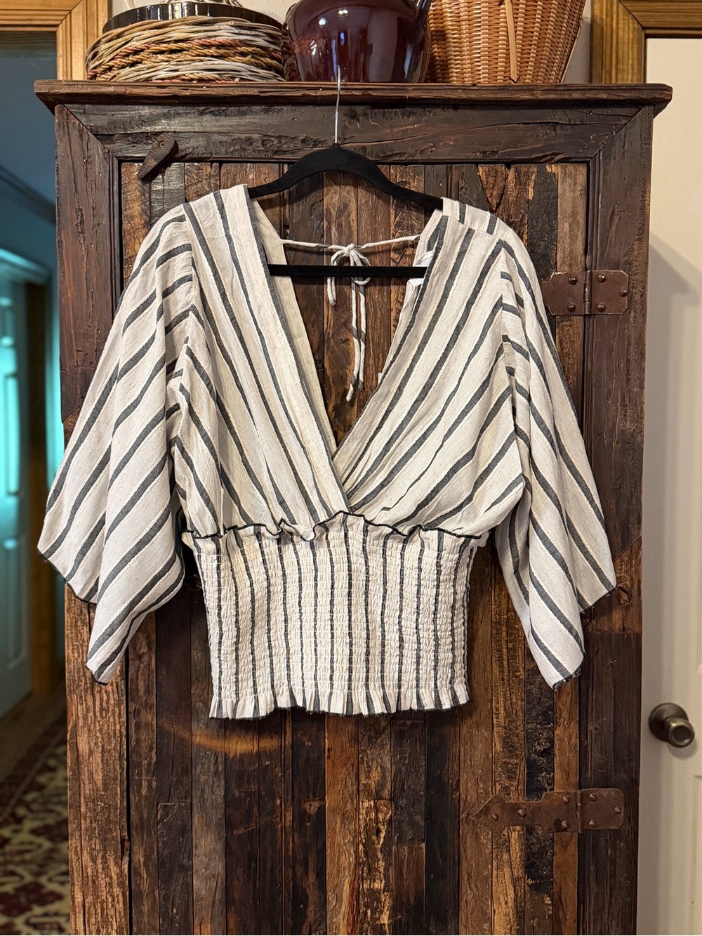 NWT Dear John Marcela Novelty Top L Black Cream Stripe Smocked Kimono Blouse